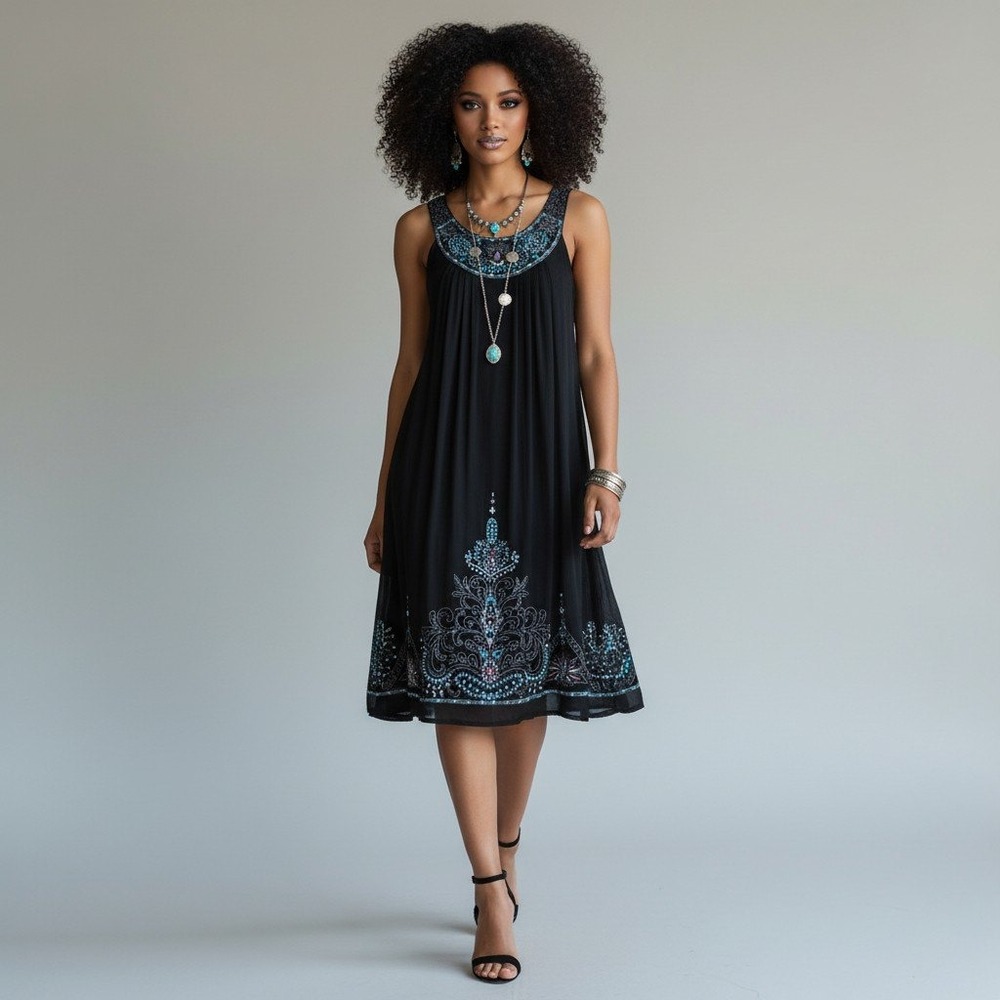 Sue Wong Nocturne Black Silk Beaded Embroidered Shift Dress Womens Size 6 Boho